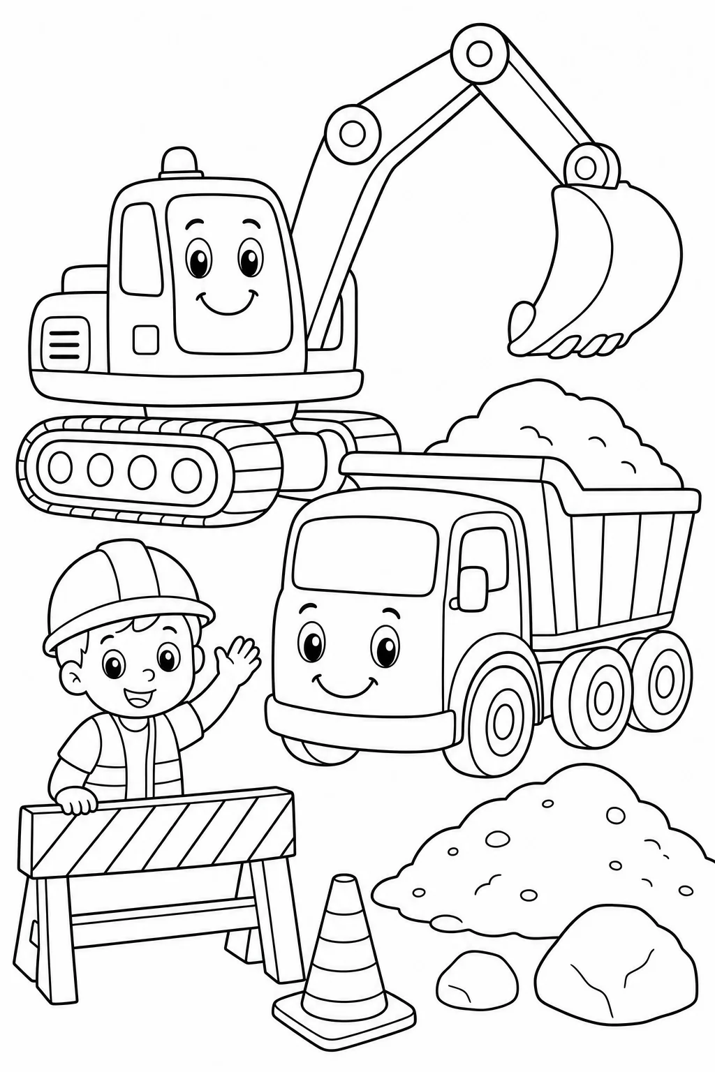 Sample black and white coloring page with an excavator, dump truck, dirt mound, traffic cone and a waving child in a hard hat.