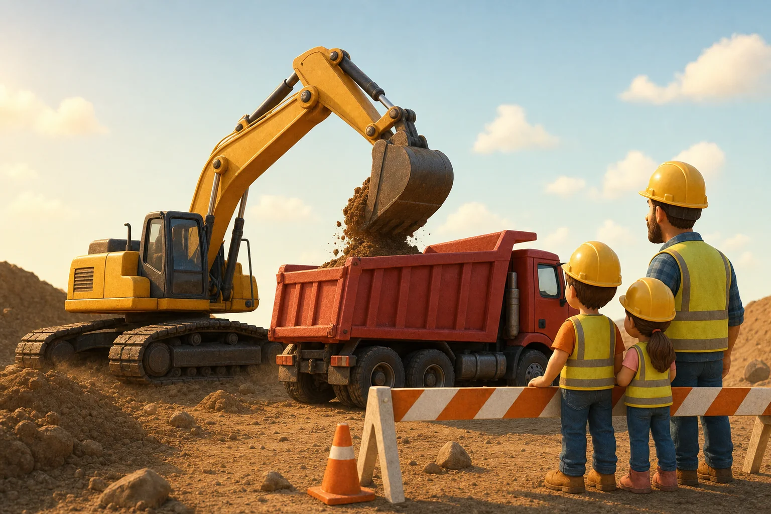 A yellow excavator loads dirt into a red dump truck while two children and a crew mentor watch from behind a striped barricade.