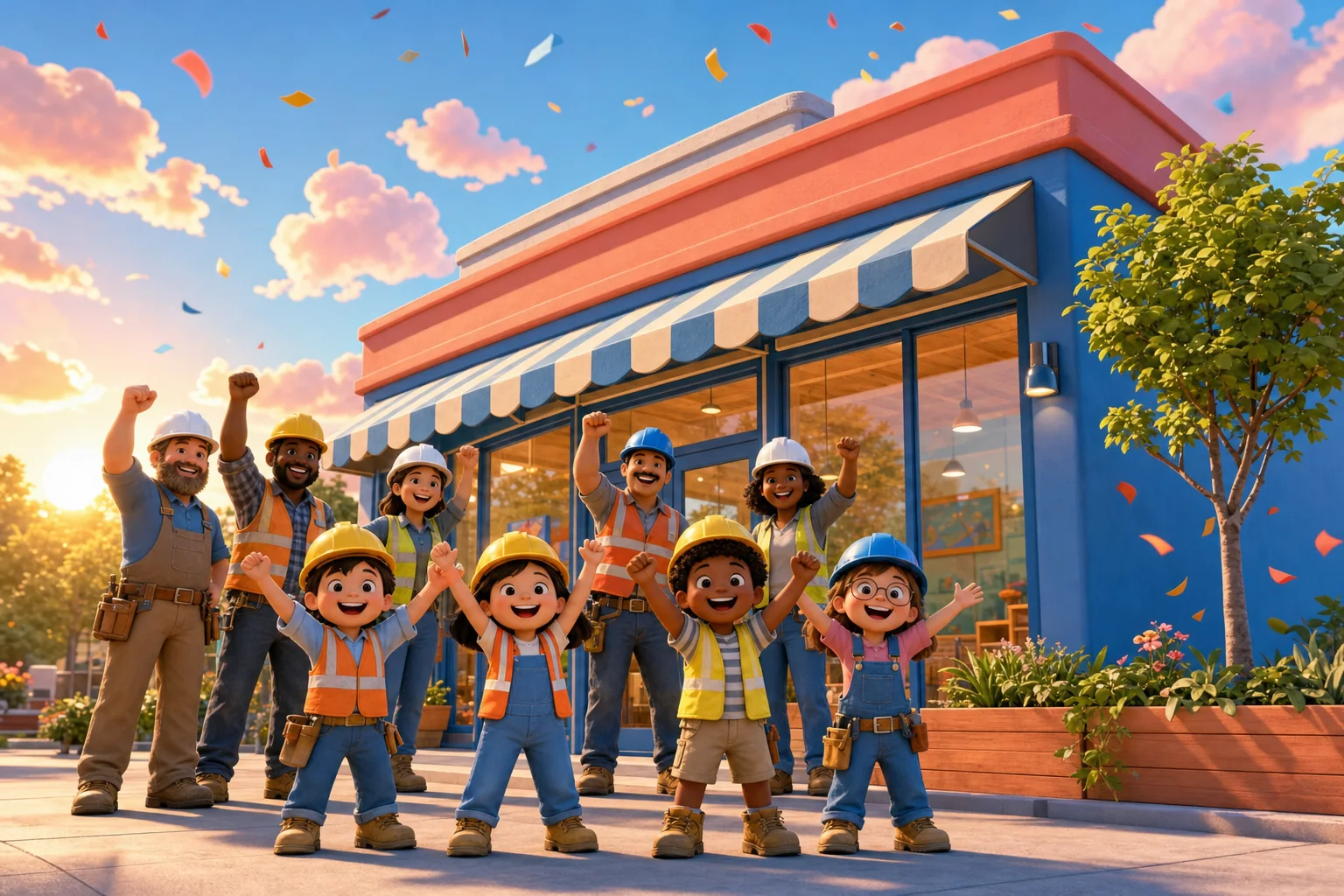 A crew of construction workers and four children cheer in front of a finished community building with a bright glass storefront at sunset.