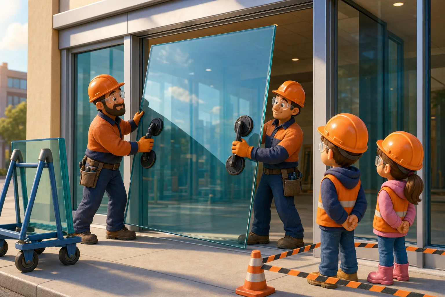 Two glaziers in hard hats and safety glasses lift a large pane of glass with suction cups into a new aluminum storefront frame while two children watch safely.